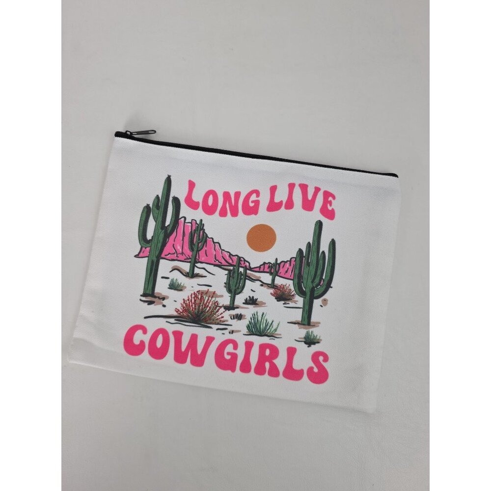 New Long Live Cowgirls Zipper Canvas Pouch Bag With Cactus Desert Print Western